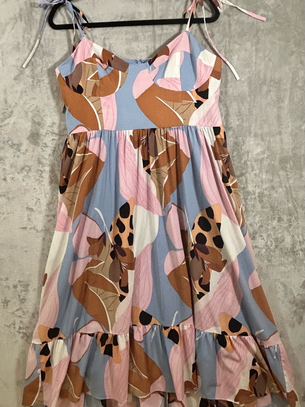 Hutch Blue, Pink & Brown Leaf-Print Tie-Strap Midi Dress